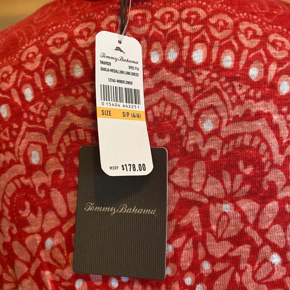 New Tommy Bahama Maxi Dress Boho Dahlia Medallion Women 100% Linen Red S 4/6 - Picture 6 of 7